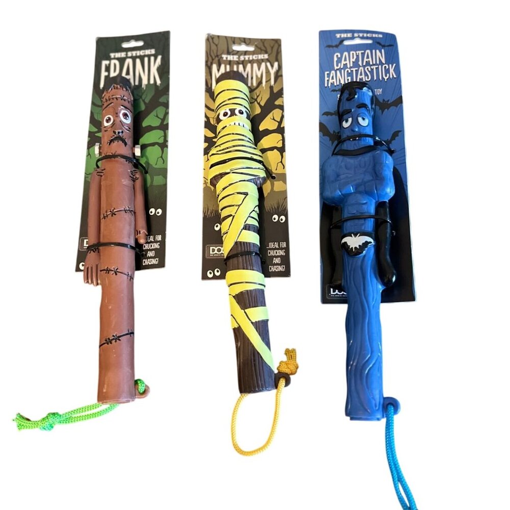 Set Of 3 Dog Fetch Toys Halloween Tree Sticks Frank Mummy & Captain‎ Fangtastick
